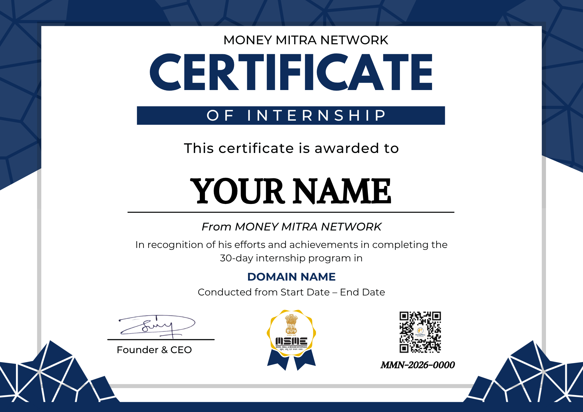Money Mitra Network Internship Certificate